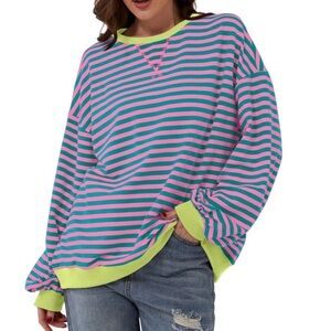 Striped Crew Neck Sweater - Pink and Green